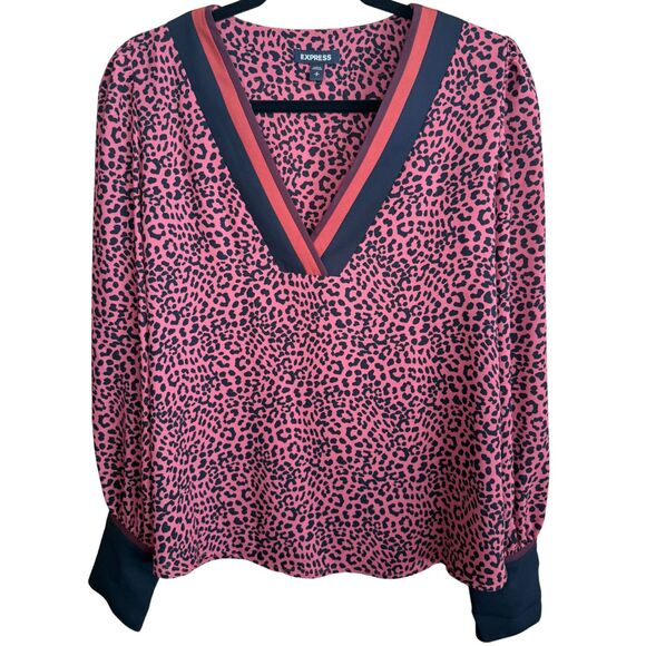 Express Tops - Express Women’s Animal Print Blouse Size SP Maroon Black Long Sleeve Petite